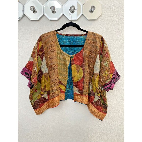 No Name Tops - 100% Silk Art Deco Embroidered Cardigan Short Sleeve